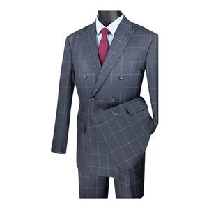 MEN'S VINCI 2 PIECE MODERN FIT WINDOWPANE DOUBLE BREASTED SUIT. MDW-1 GRAY-WHITE